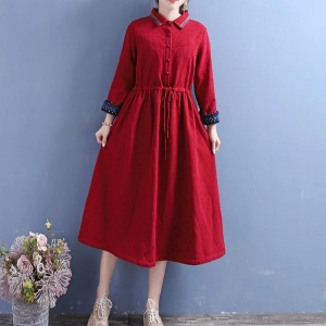 Women Winter Vintage Cotton Linen Embroidered Floral Fleece-Lined Dress
