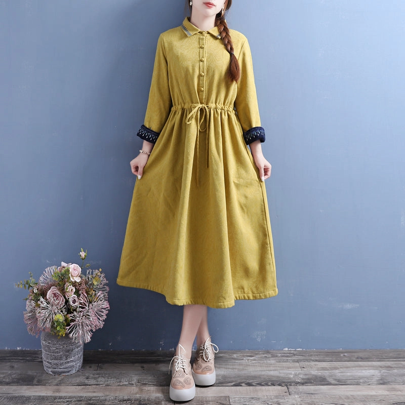 Women Winter Vintage Cotton Linen Embroidered Floral Fleece-Lined Dress