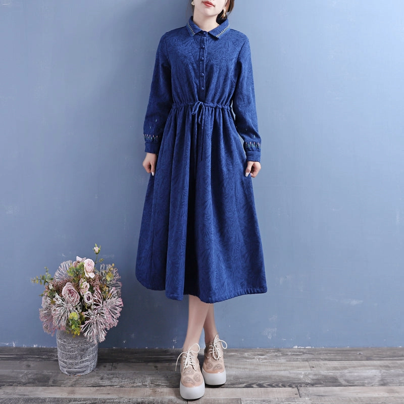 Women Winter Vintage Cotton Linen Embroidered Floral Fleece-Lined Dress