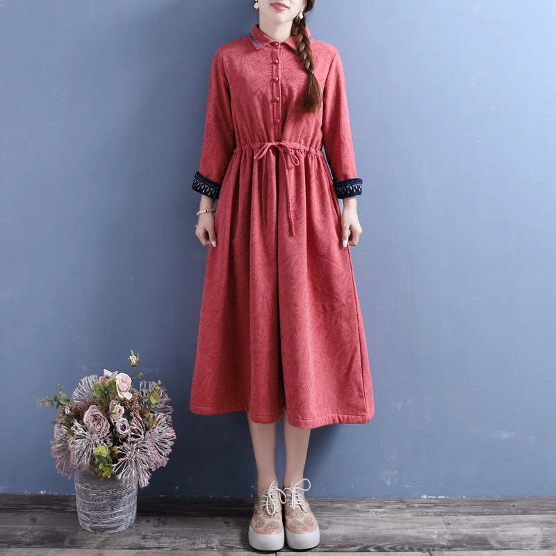 Women Winter Vintage Cotton Linen Embroidered Floral Fleece-Lined Dress