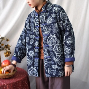 Women Winter Vintage Floral Quilted Cotton Buttoned Jacket
